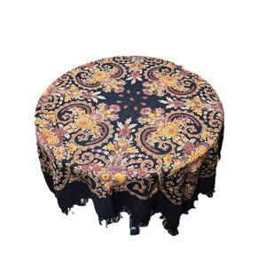 Vintage Pavlovo Posad Wool Shawl Black Floral 45'' Square Russian Folk ScarfUSSR